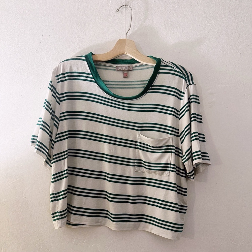 J. Crew Striped Pajama Shirt Loungewear Tshirt Top Short Sleeves Green White - Picture 7 of 7